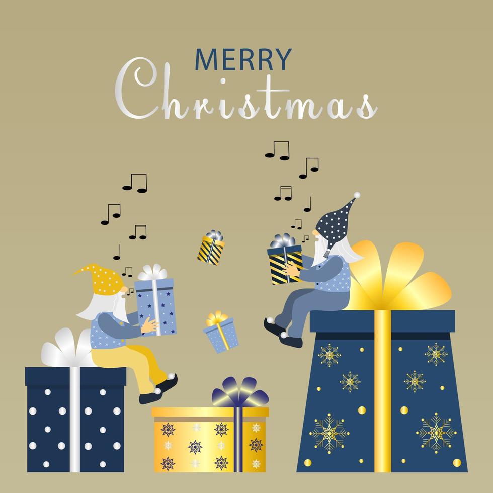 Vector illustration of cute sitting gnomes on gift boxes and singing. Christmas song. For greeting card, poster, banner, website.