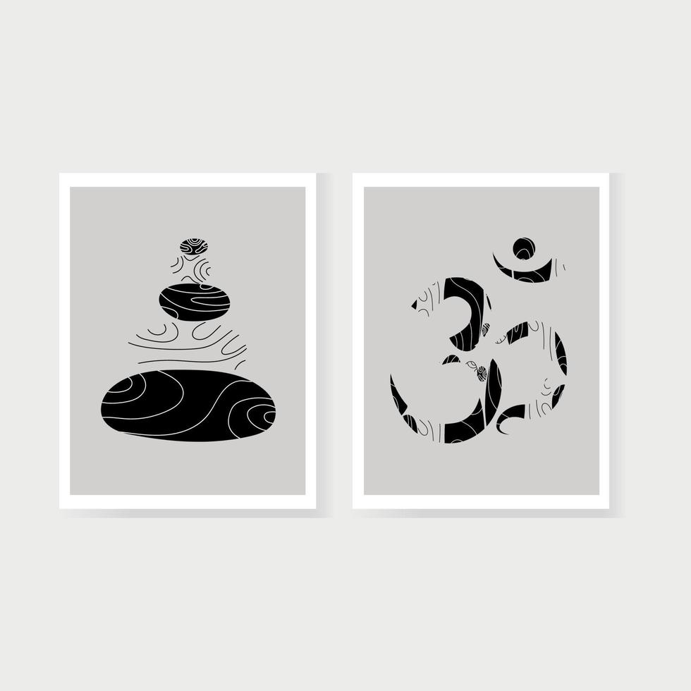 Set of abstract shape stones and ancient hindu mantra om with texture. Black and white composition. Boho concept. Contemporary artwork. For wall decor. home art. Vector illustration.