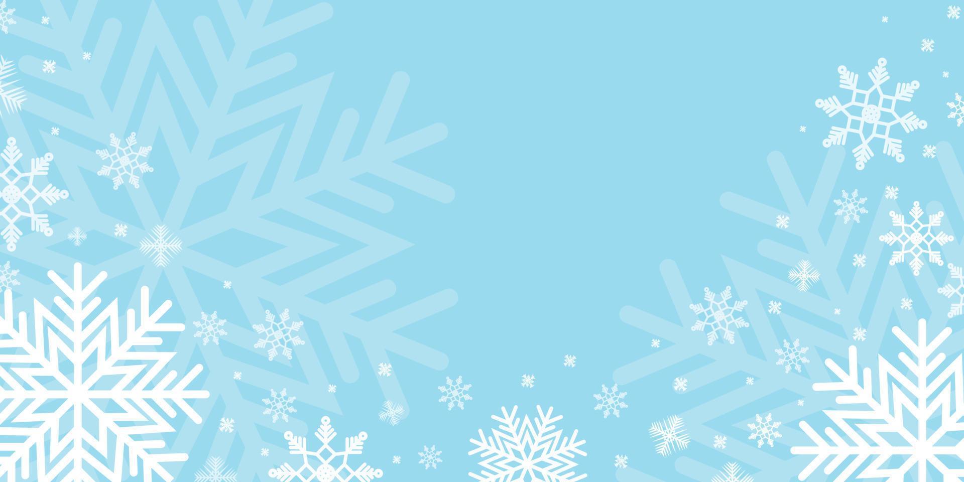 Beautiful horizontal winter banner. Snowflakes different forms on blue background. For greeting poster, cover. Holiday vector illustration.
