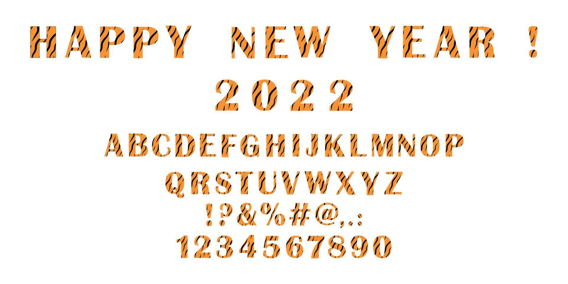 Set of english alphabet and numbers, signs and Happy New Year text with tiger pattern. Holiday decoration. vector