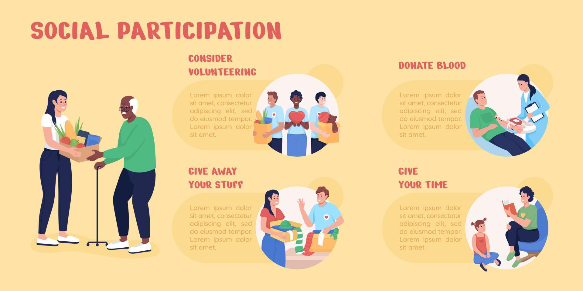 Social participation flat color vector infographic template. Charity volunteer. Poster with text, PPT page concept design with cartoon characters. Creative data visualization. Info banner idea