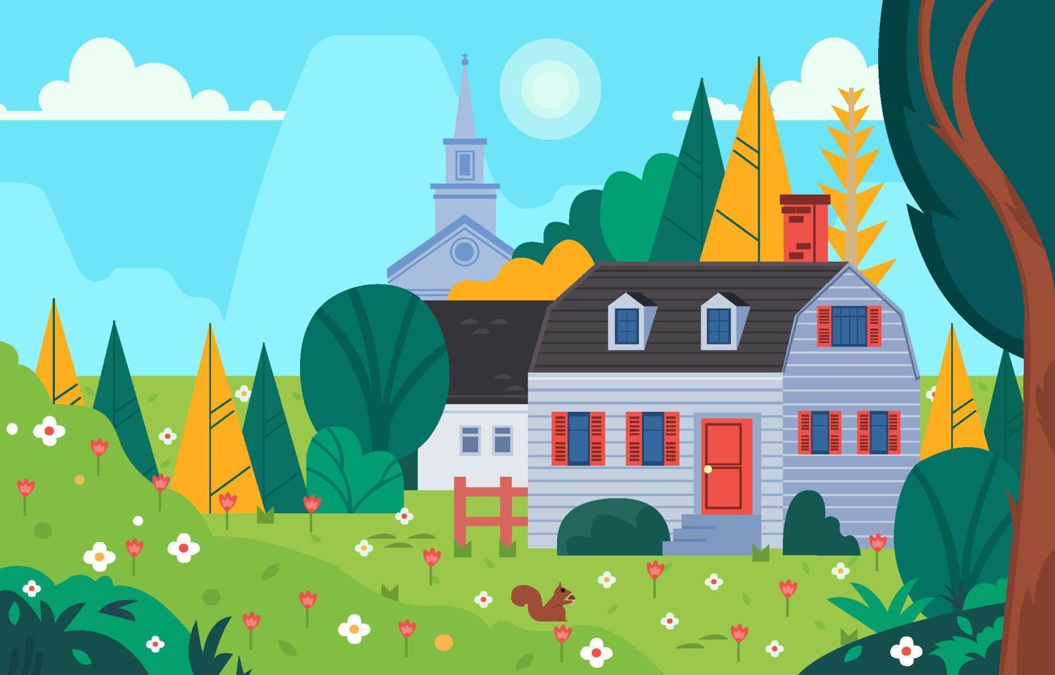 Colorful Countryside House In Spring Forest Concept vector