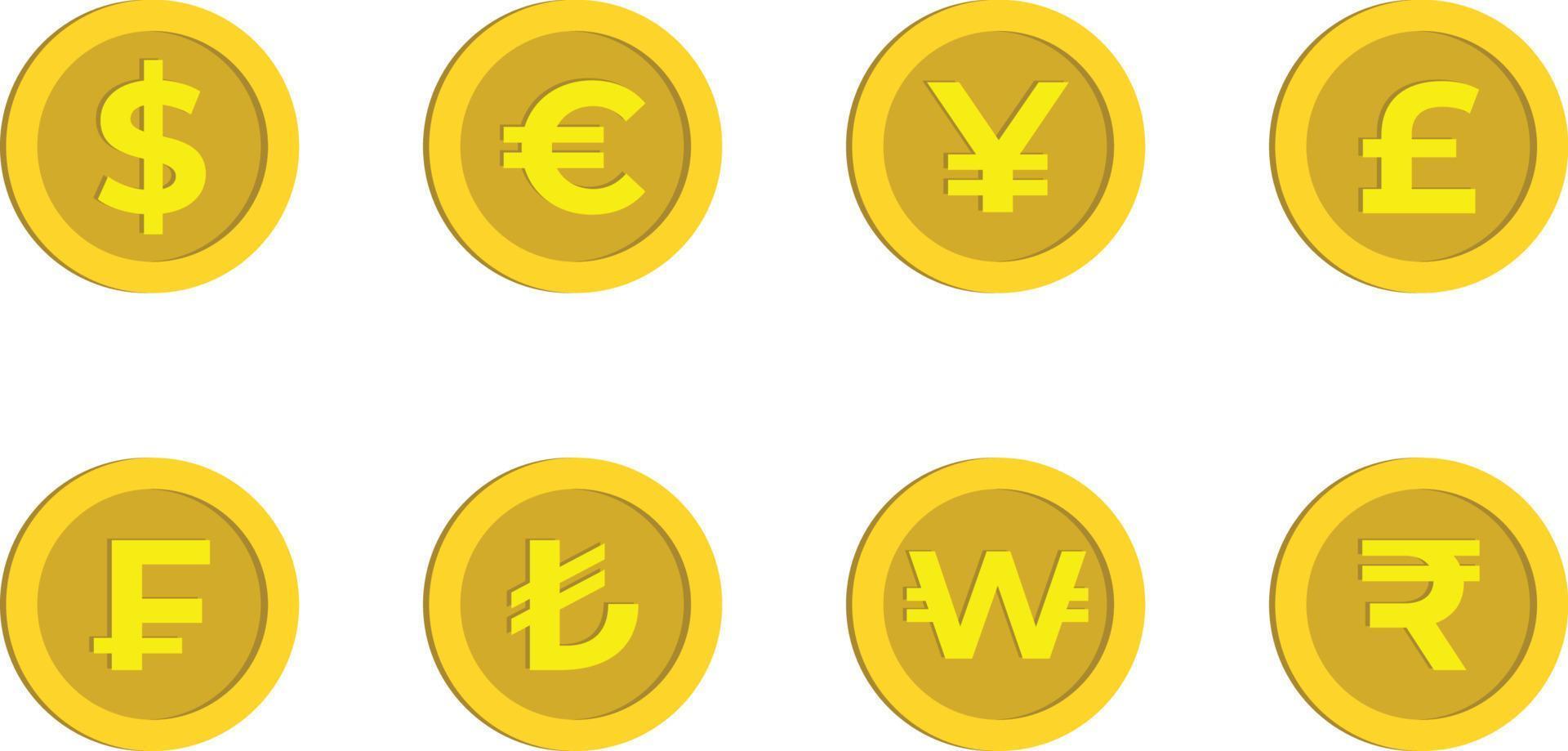 dólar, euro, yen, libra, franco, lira turca, signo de won y rupia moneda de oro de dibujos animados, moneda de dinero vector