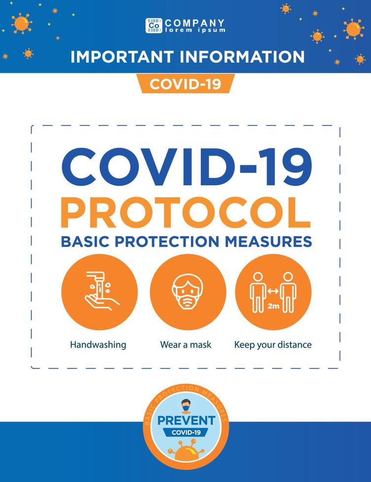 COVID-19. Posters with anti covid-19 measures. Protocols and Regulations. Basic covid protection measures. Temperature control, air renewal and virus free zone. Poster and banners covid-19 vector