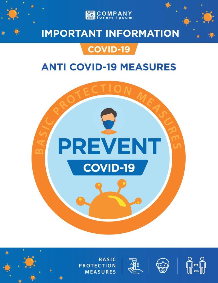 COVID-19. Posters with anti covid-19 measures. Protocols and Regulations. Basic covid protection measures. Temperature control, air renewal and virus free zone. Poster and banners covid-19 vector