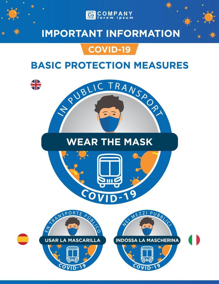 COVID-19 protection. Poster or stamp to use a mask in public transport. Covid-19 protocols and regulations. Basic covid protection measures. Use in trains, metro, trams and buses. vector