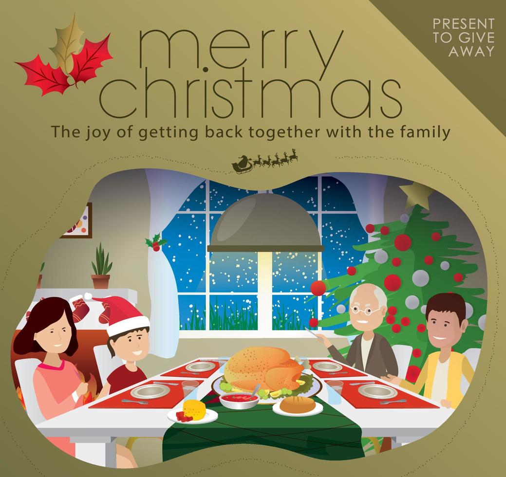 Christmas in family. Happy Holidays. Christmas tree and all together eating baked turkey or vitell tonne with salad and other delicious dishes. Family of father, mother, son and grandfather. Christmas vector