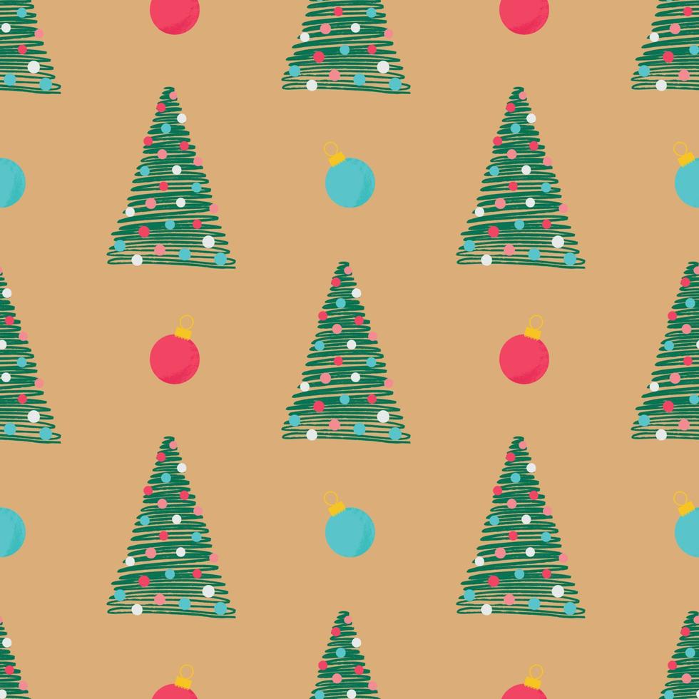 Christmas seamless pattern with small hand drawn green fir tree and christmas toy. Vector illustration for wrapping paper, wallpaper, tablecloth etc
