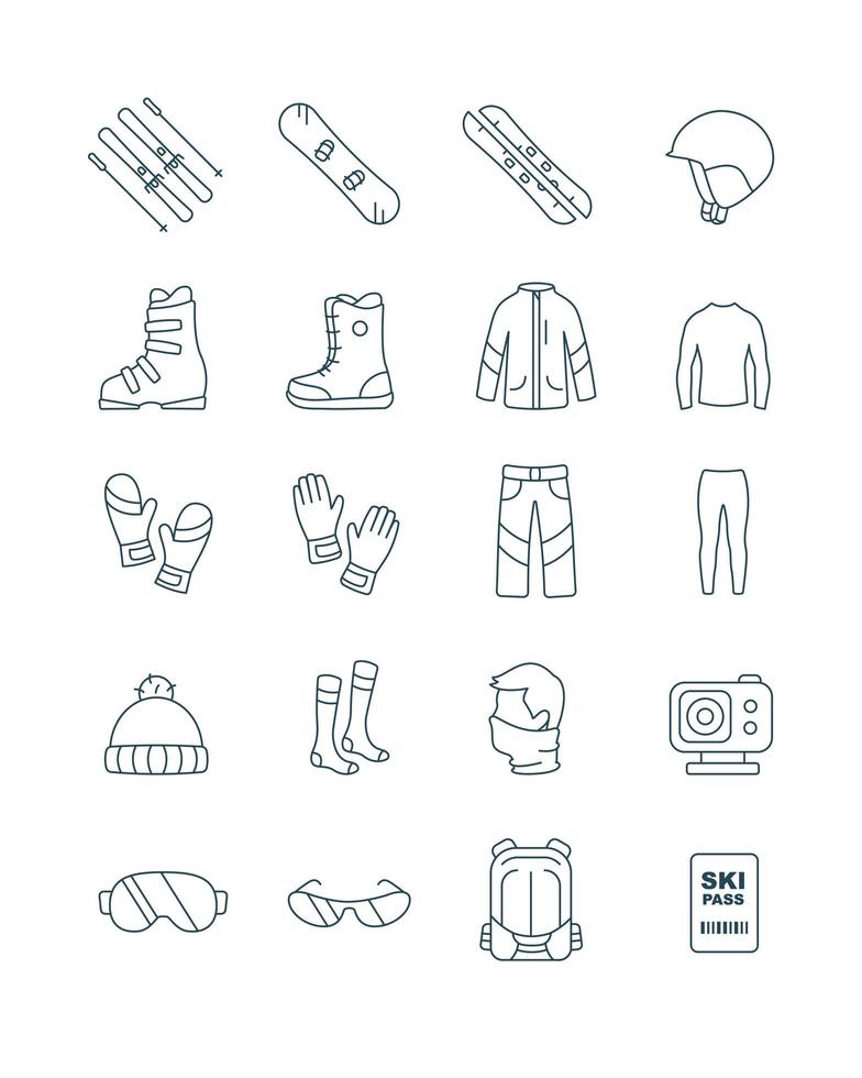 Outline set ski and snowboard equipment kit clothes vector icons for web design isolated on white background