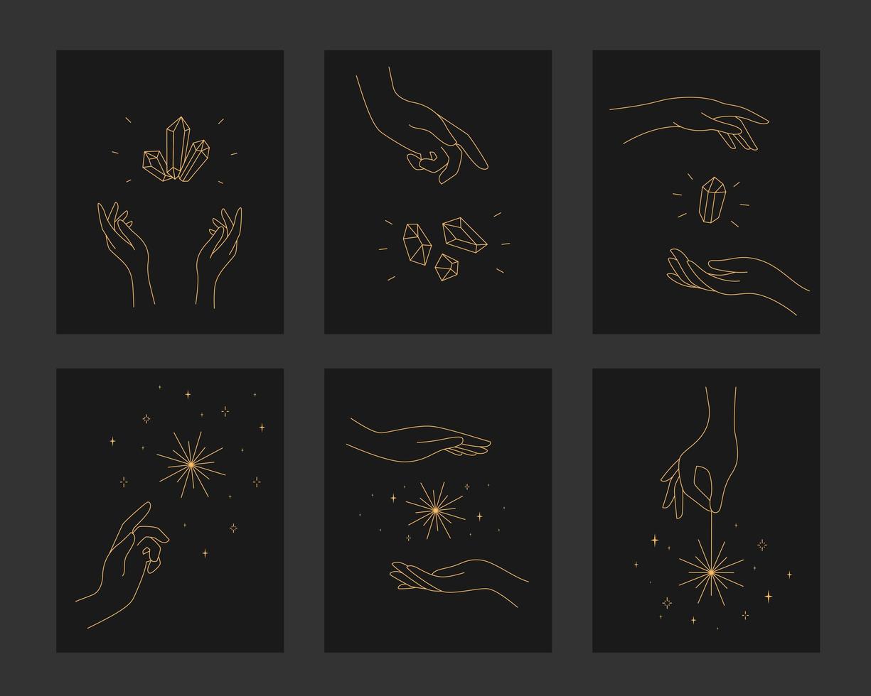 juego de cartas mágicas con manos, estrellas y cristal. vector