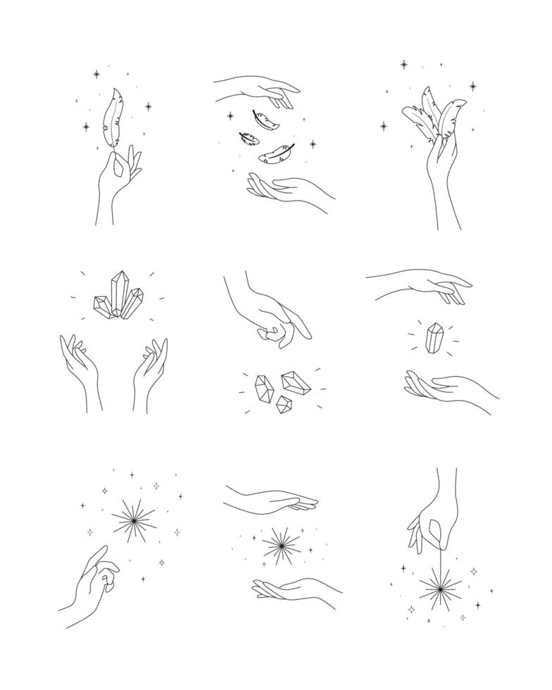 Set of magic hands with crystals, feathers and stars. Tarot astrological illustrations vector