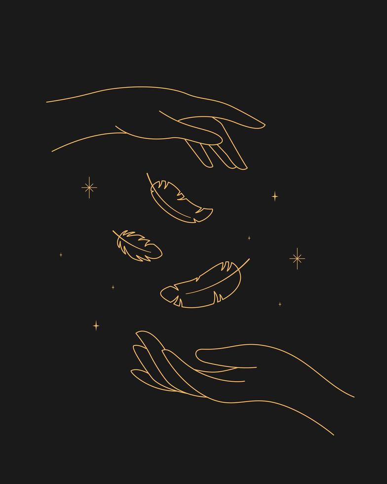 Magic sparkling feathers in hand. contour esoteric elegant illustration vector