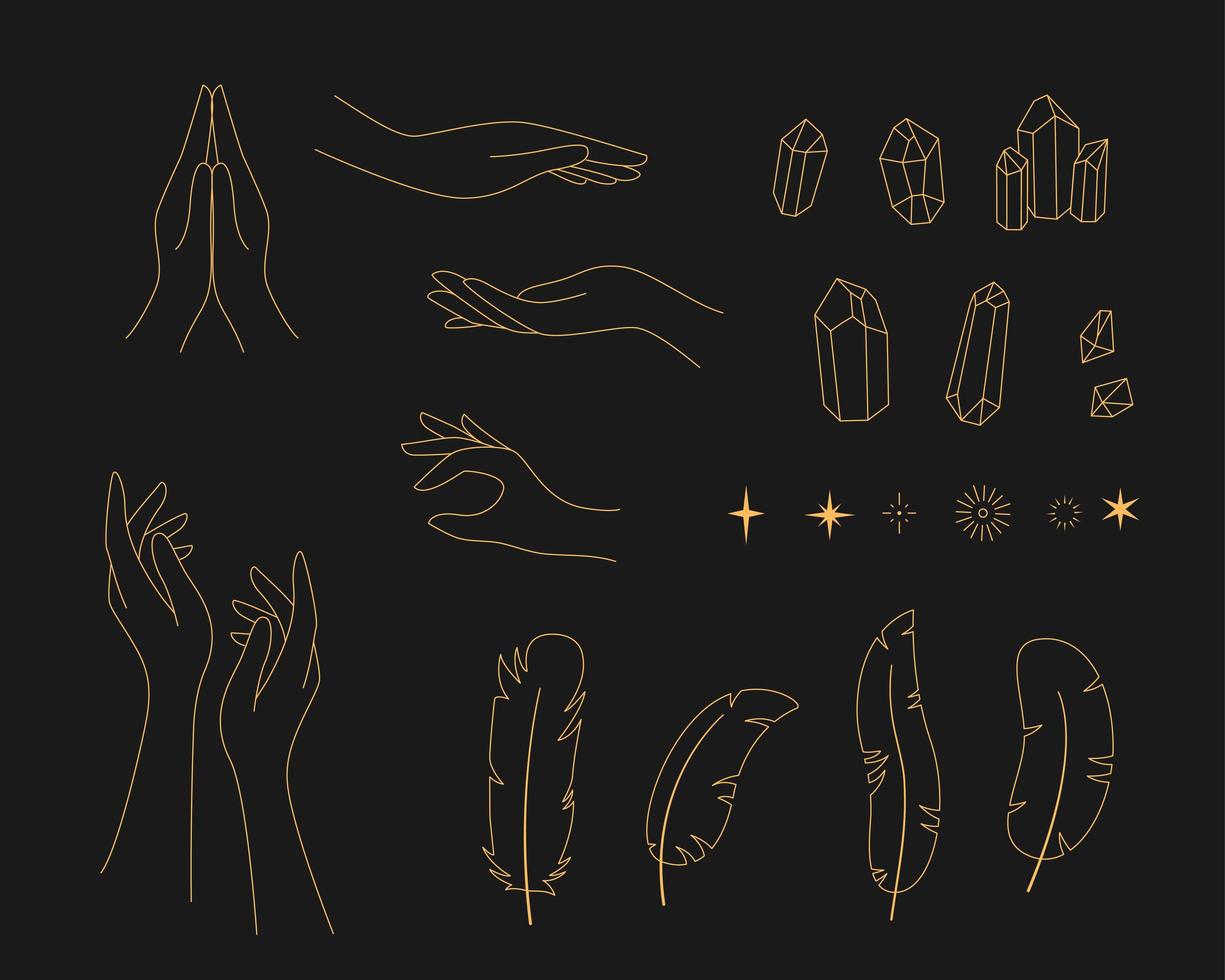 Set for creating logos. Outlined hands, crystals and feathers. Tarot and makeup female astrologer icons vector