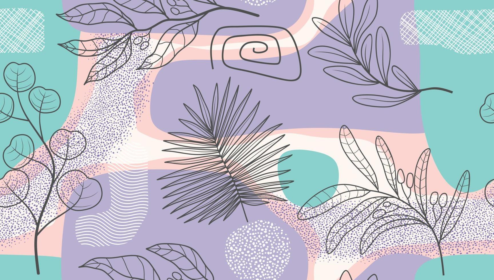 Tropical leaves hand drawn seamless pattern. Botanical trendy design in pink and green colors. Vector repeating design for fabric, wallpaper or wrap papers.