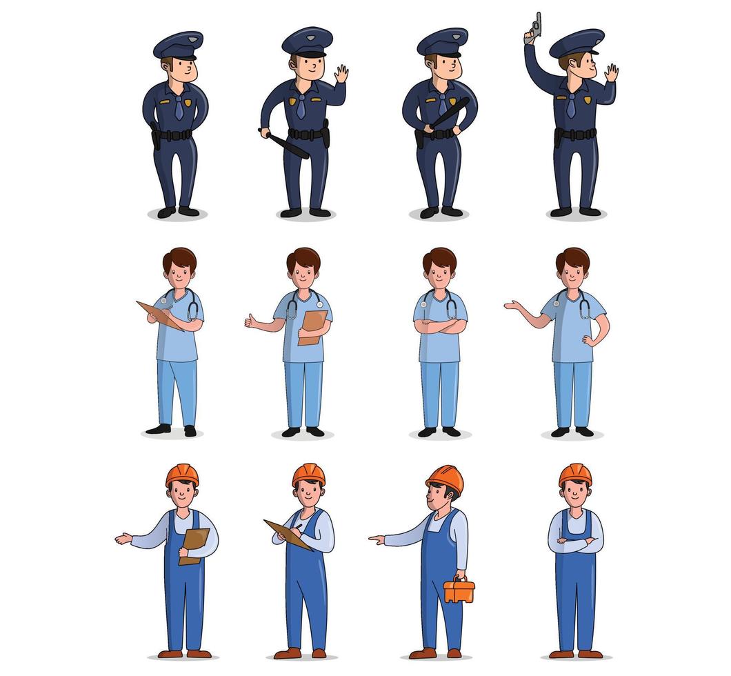 concepto de diseño plano de médico, policía, trabajador con diferentes poses. vector