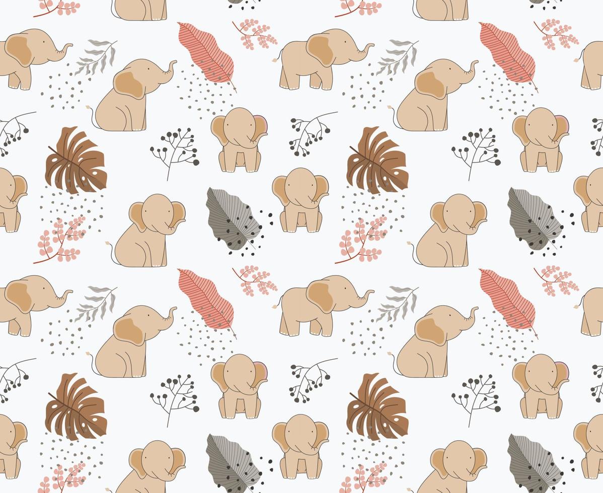 Cute seamless pattern of doodle elephants with palm trees, flowers and butterflies on white background. Kids illustration in a vector. vector