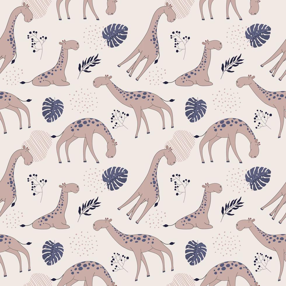 Seamless pattern with giraffe and palms tree. Creative jungle childish texture. Great for fabric, textile Vector Illustration