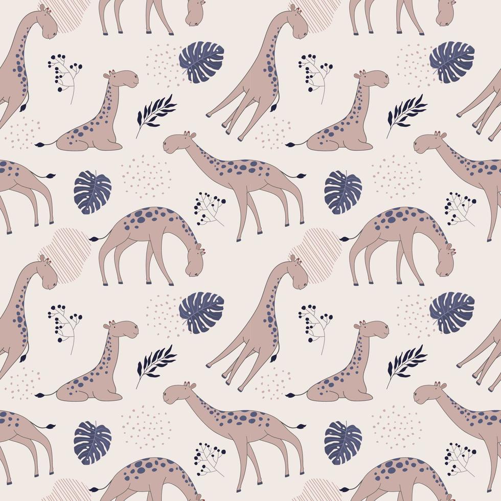 Seamless pattern with giraffe and palms tree. Creative jungle childish texture. Great for fabric, textile Vector Illustration