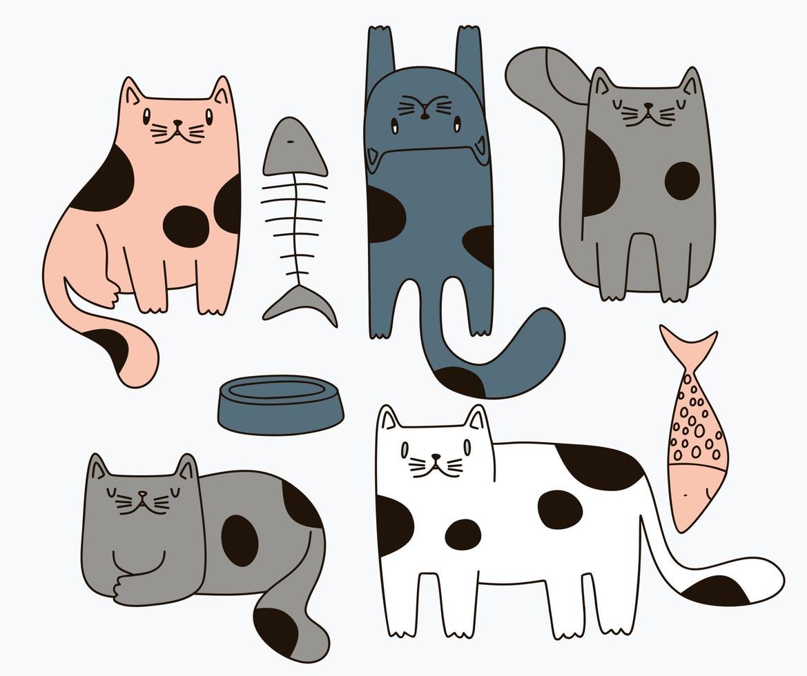 Draw vector illustration character collection cute cat.Doodle cartoon style.
