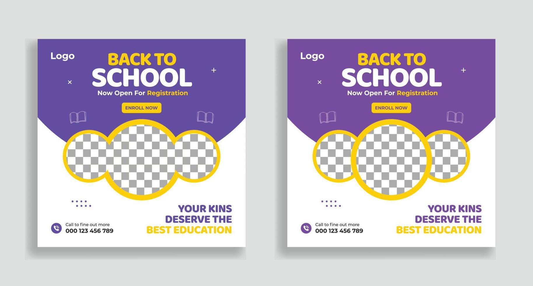 School Admission Social Media Post Template Design. Back to School Social Media Post Banner Design Set. Students Admission social media post banner template vector