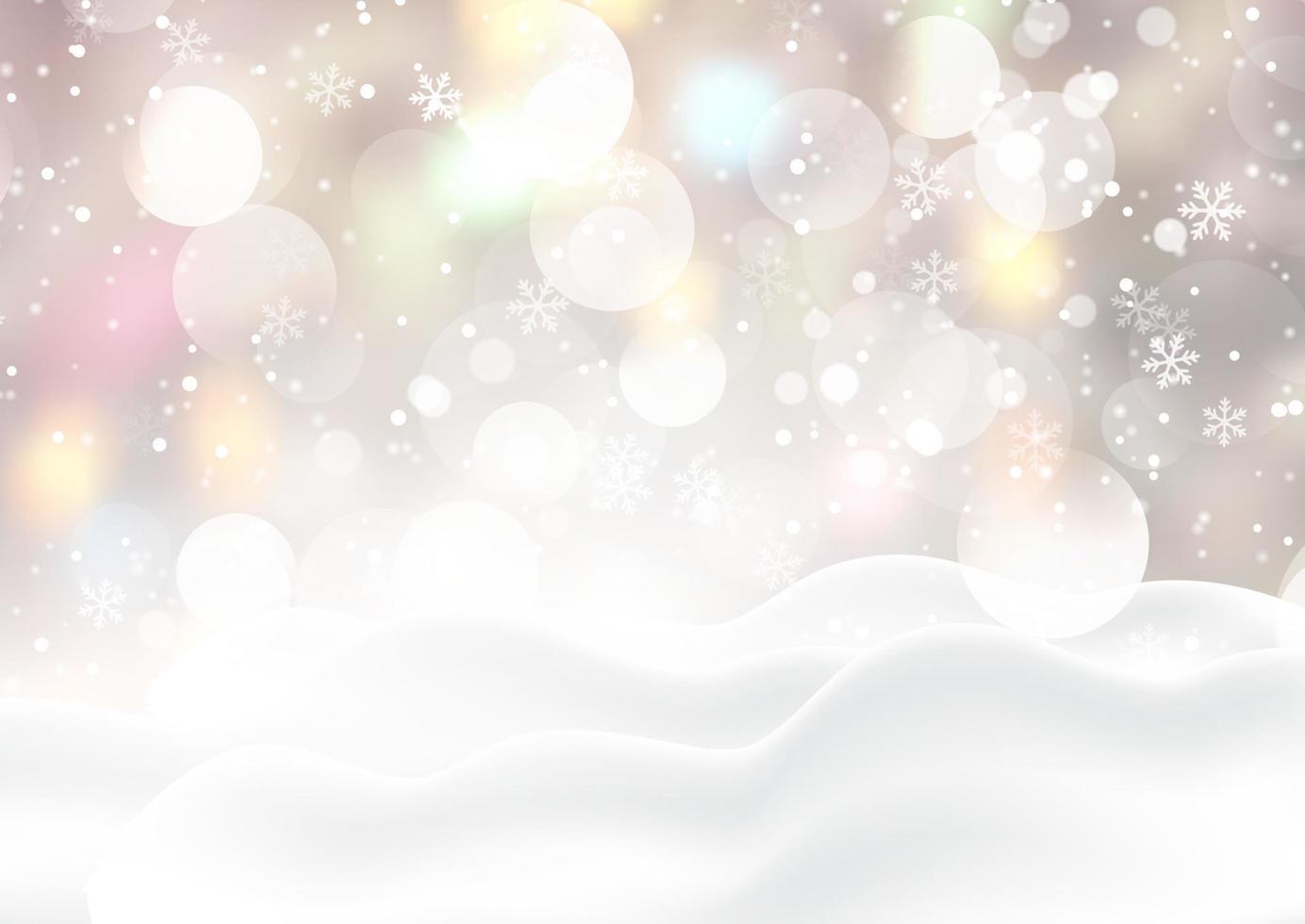 Fondo de Navidad con nieve en luces bokeh y diseño de copo de nieve vector