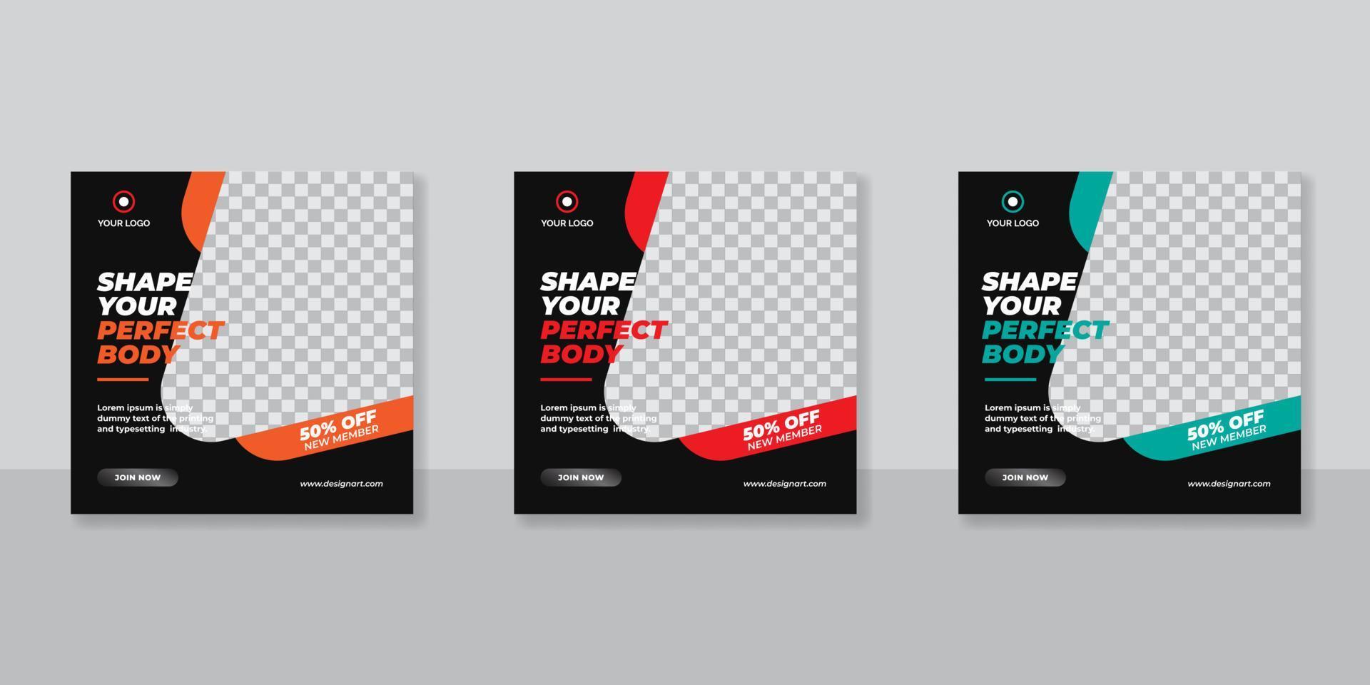 Gym and fitness square banner template social media post, web banner  for business promotion vector