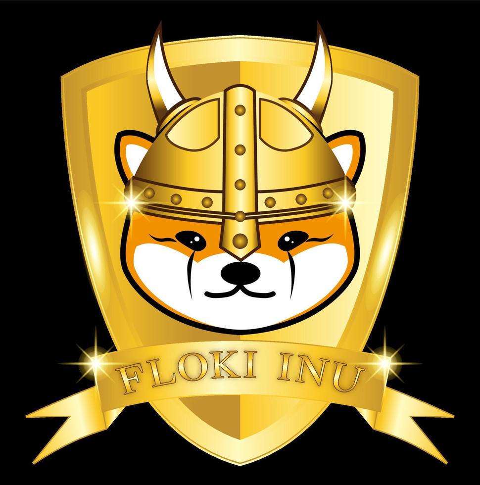 Moneda floki inu token moneda criptográfica con escudo dorado y casco vikingo vector