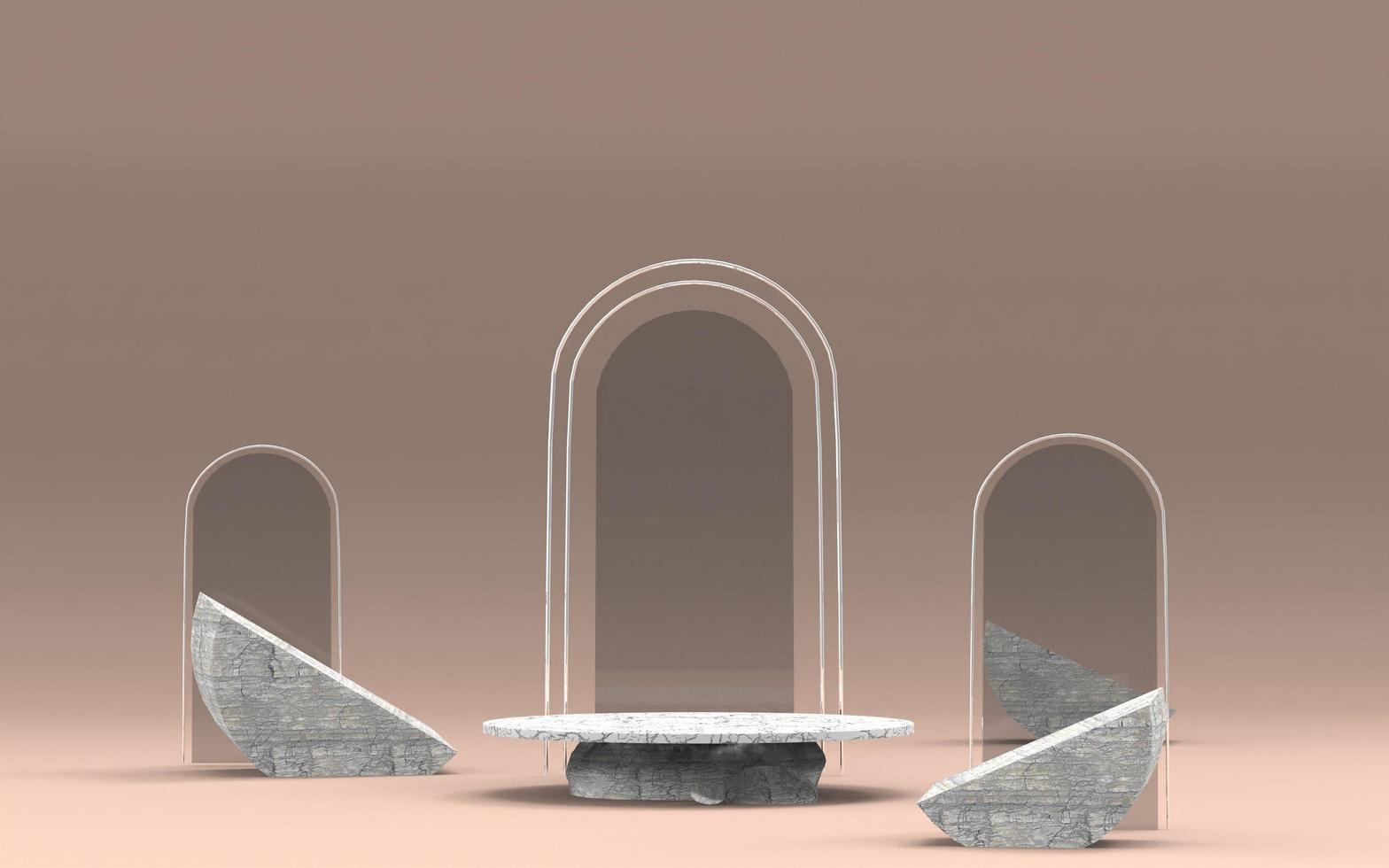 3d podium stage minimal cream background with rock stand and glass decoration for product advertising photo