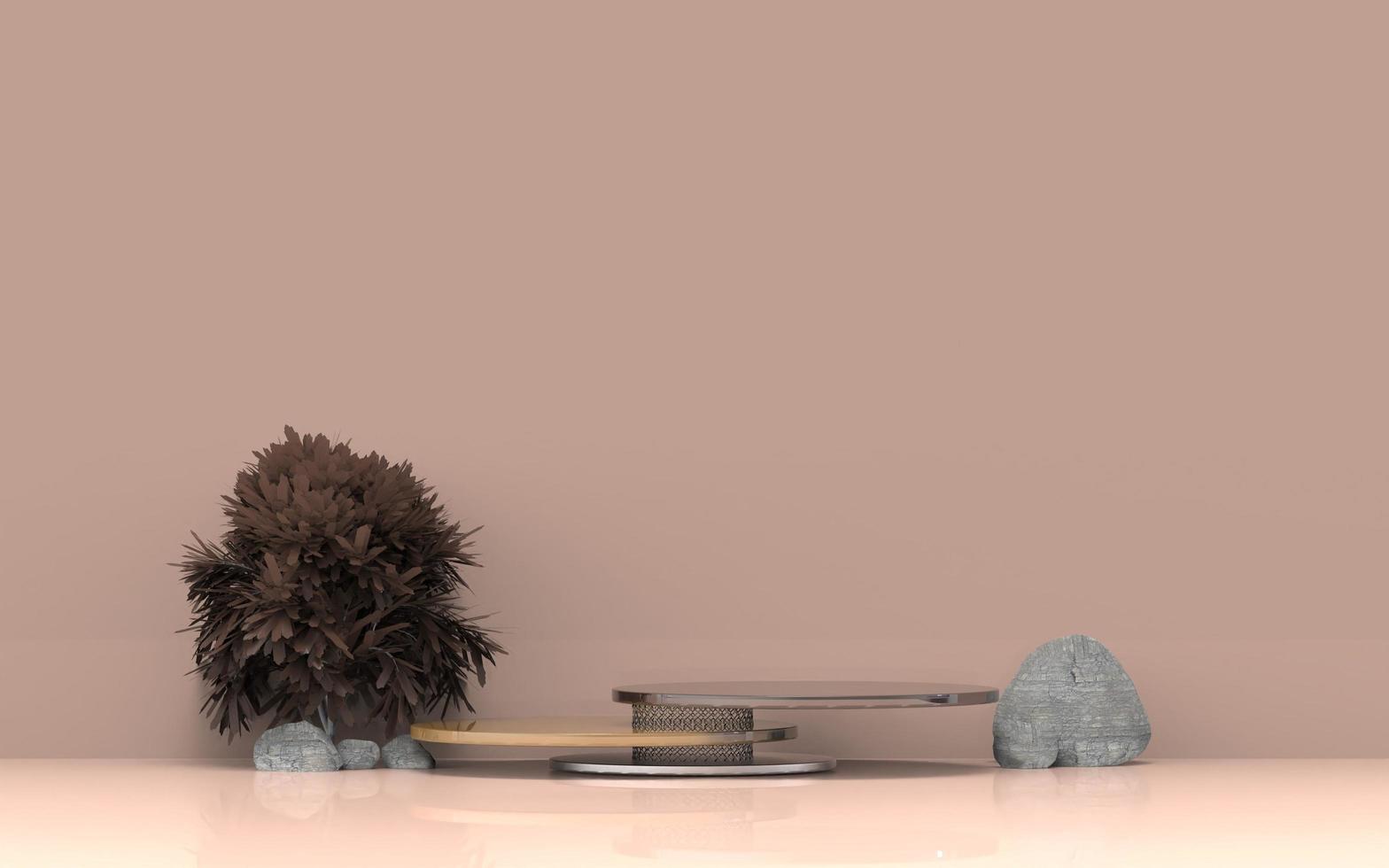 3d podium stage with cream background double pedestal and textured rock for beauty product display or advertising photo