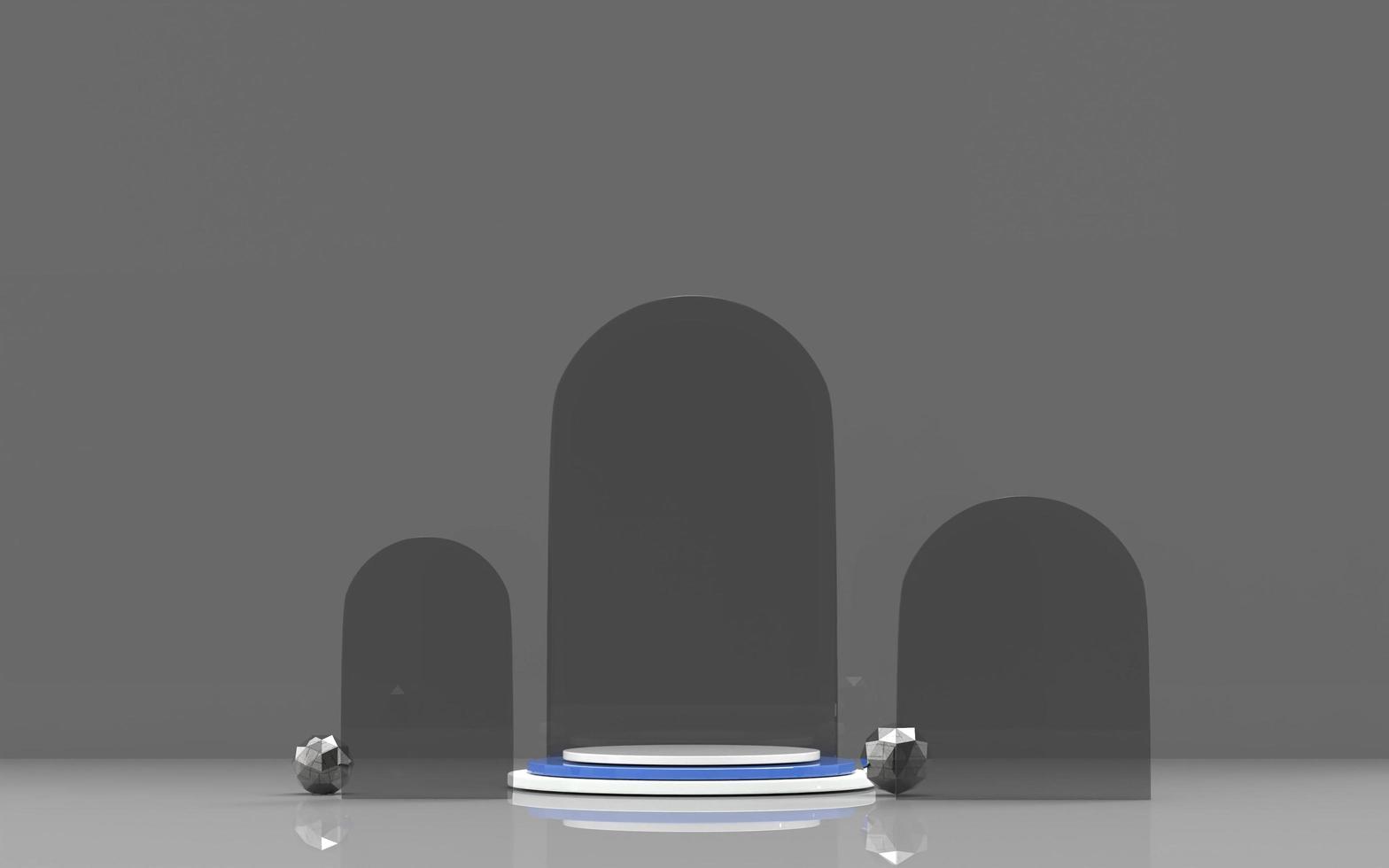 3d stage podium with modern pedestal blue white stand and glass combination grey background for product display advertising photo