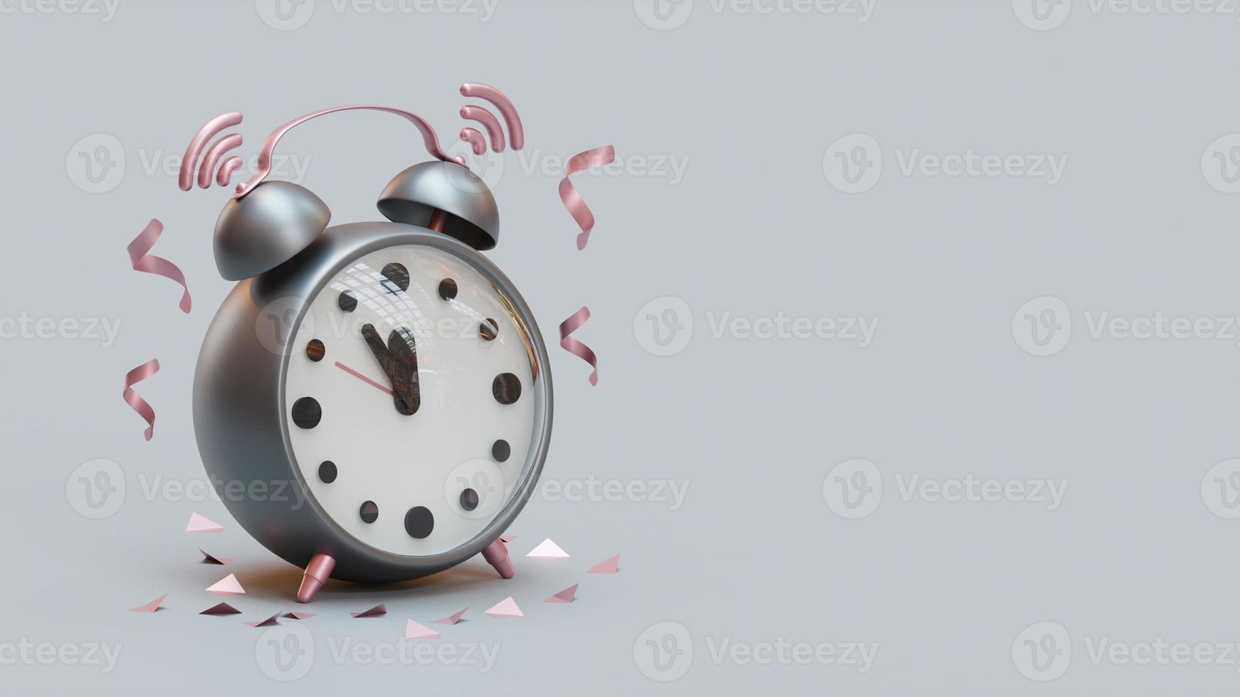 Página de inicio de año nuevo con reloj despertador analógico Ilustración de renderizado 3D foto