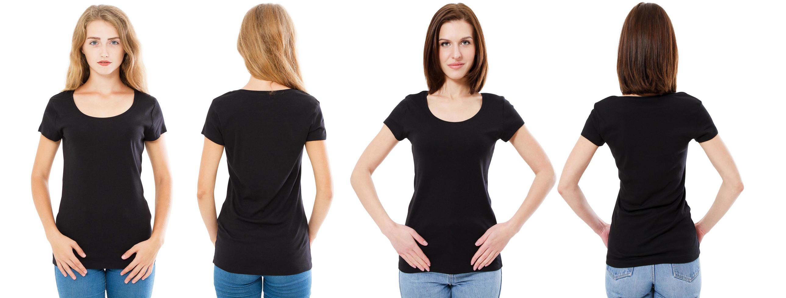 T-shirt set. Front and rear Brunette and Blonde in black t shirt isolated on white background. Two girl in blank shirt, Mock up, Collage, Copy space, Template photo