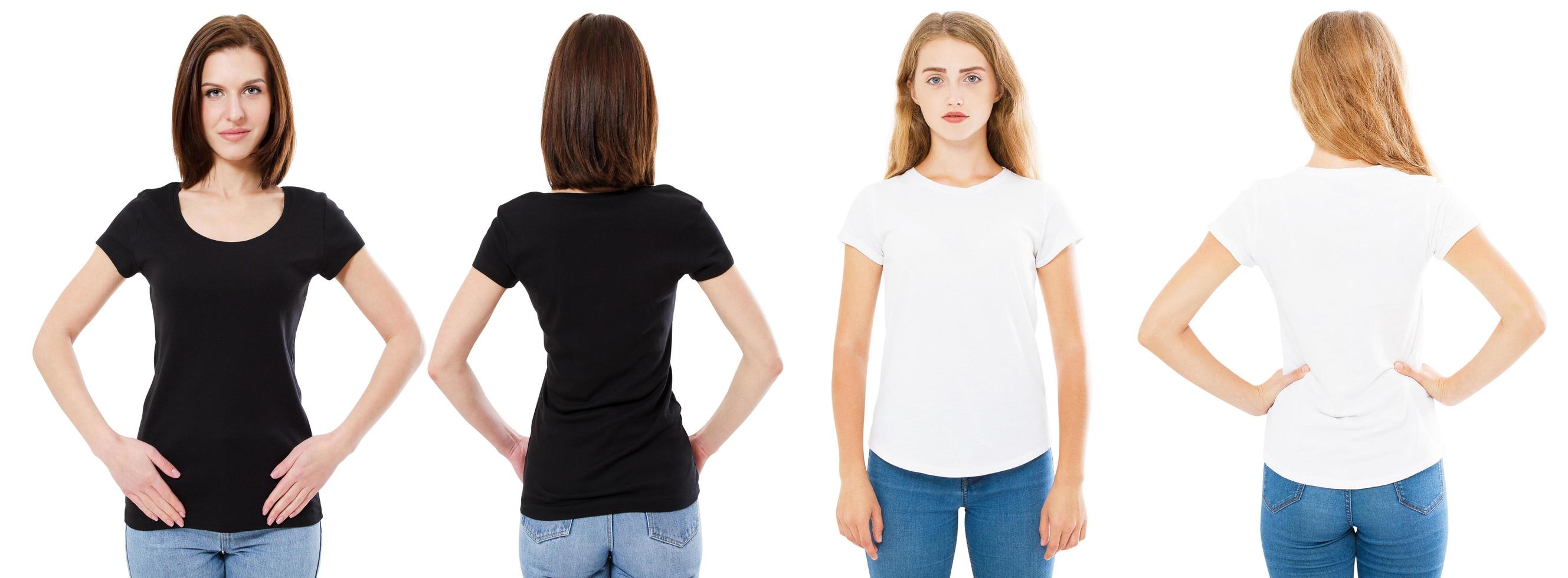 T-shirt set. Front and back view Brunette and Blonde in white and black t shirt isolated. Two girl in blank shirt, Mock up, Collage, Copy space, Template photo