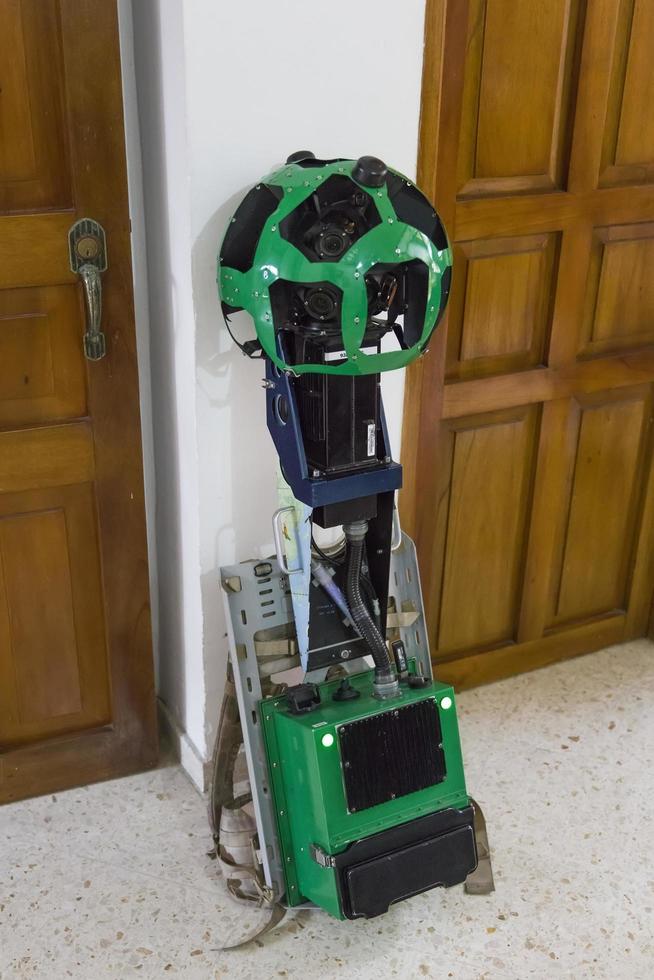CARTAGENA, COLOMBIA, SEPTEMBER 13, 2019 - Portable Google street view backpack camera on the street. Google Street View provides interactive panoramas from many streets in the world. photo