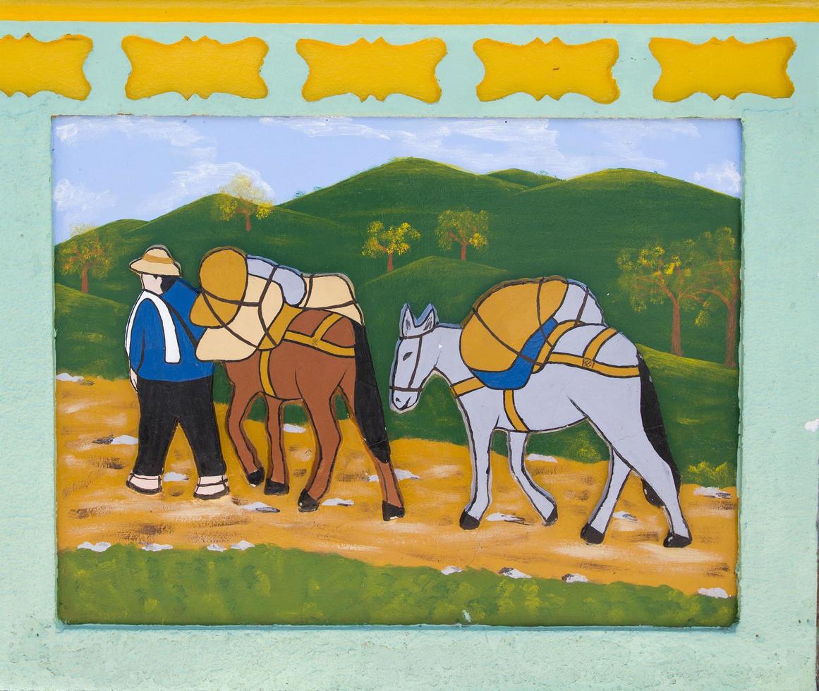 GUATAPE, COLOMBIA, SEPTEMBER 11, 2019 - Detail from colorful facade on the building in Guatape, Colombia. Each building in town Guatape has bright color tiles along the lower part of facade. photo