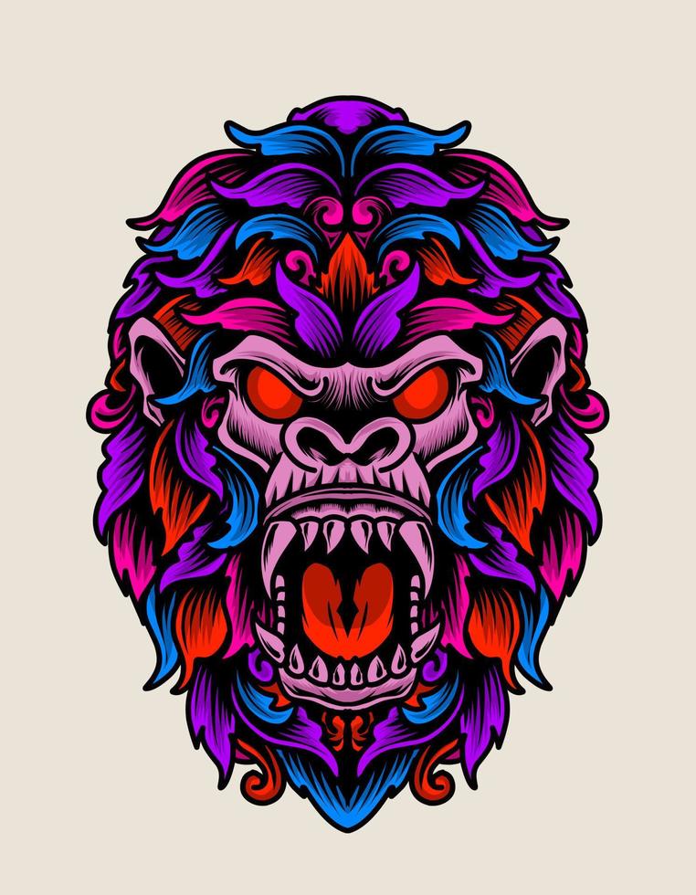 illustration vector gorilla head with vintage colorful ornament