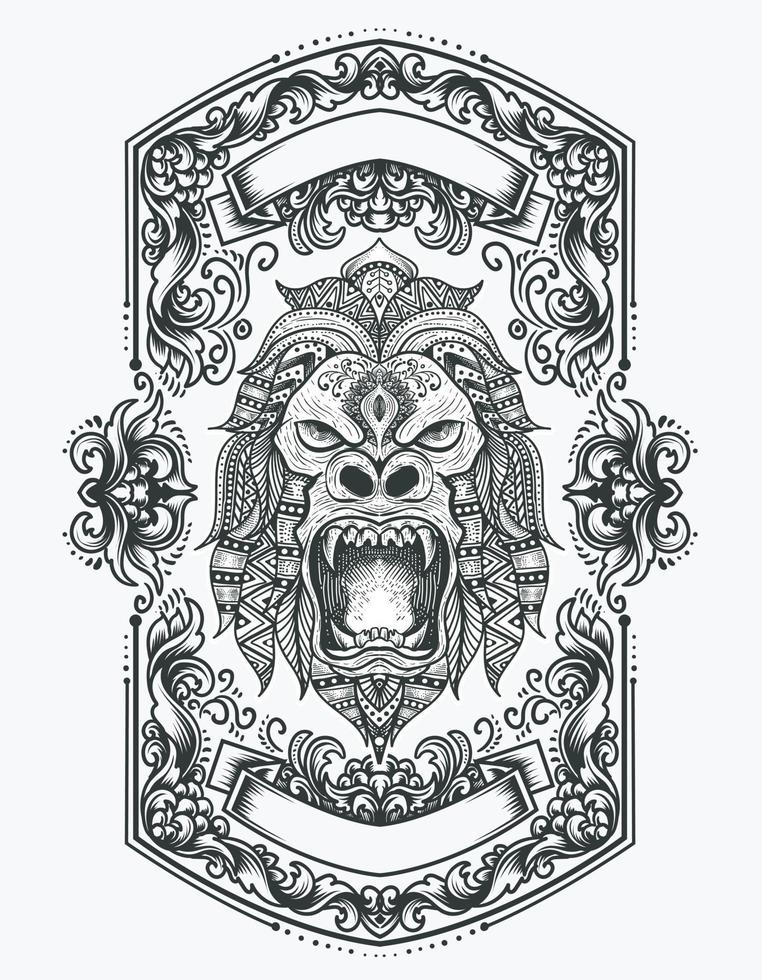 illustration vector gorilla head with mandala ornament style