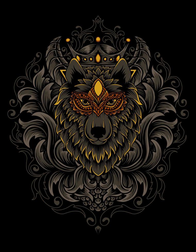 Illustration vector wolf head with vintage engraving ornament on black background