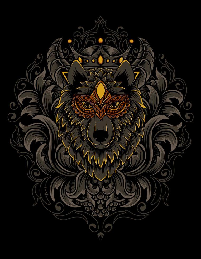 Illustration vector wolf head with vintage engraving ornament on black background