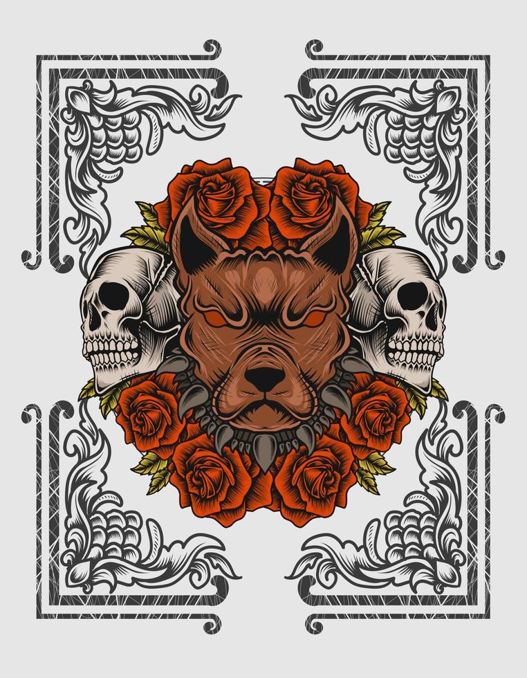 illustration vector dog head with skull and rose flower