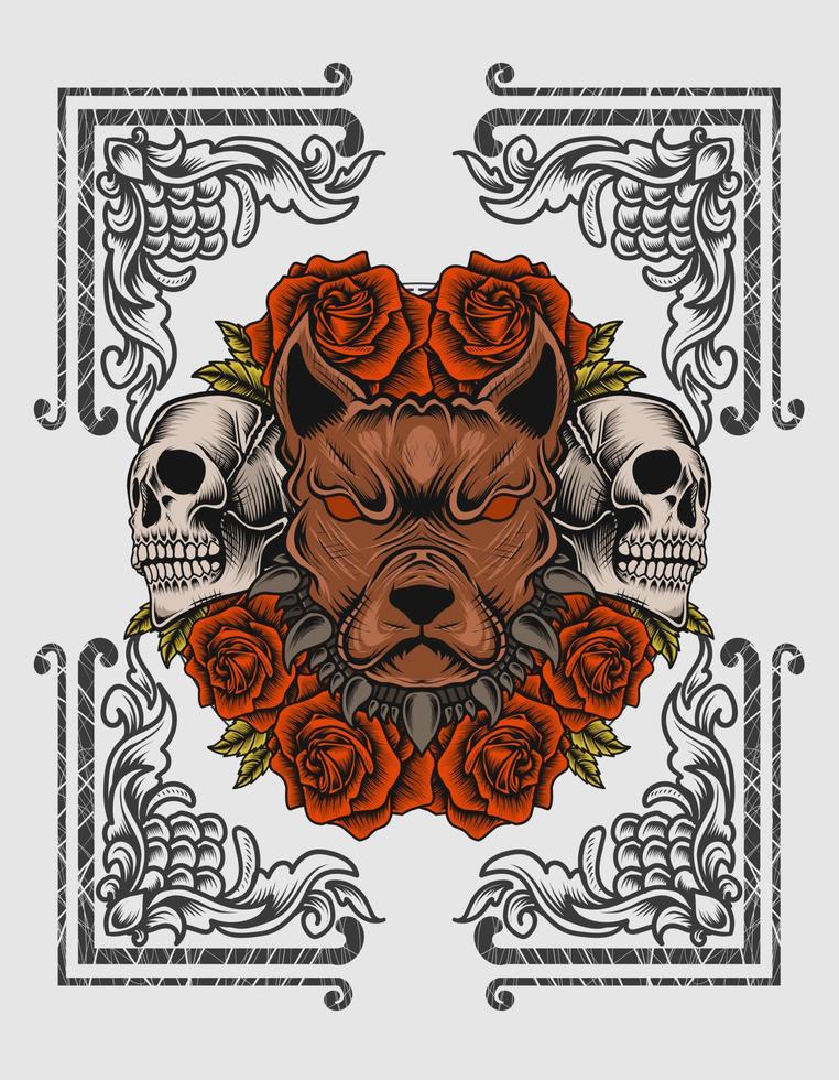 Ilustración vector cabeza de perro con calavera y flor rosa