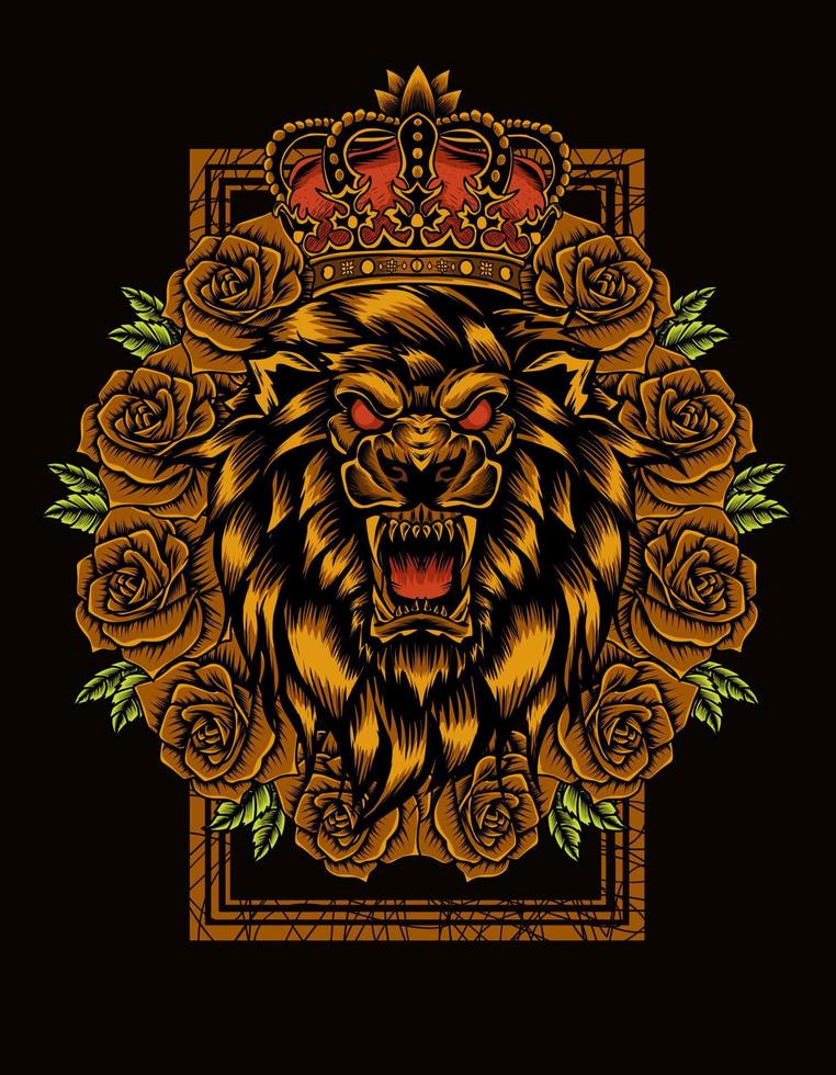 ilustración vectorial rey león con flor rosa vector
