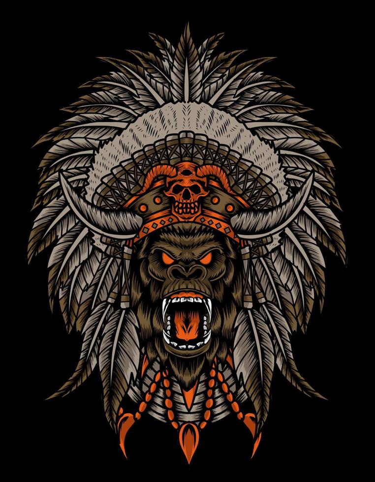 illustration vector gorilla head with indian apache hat