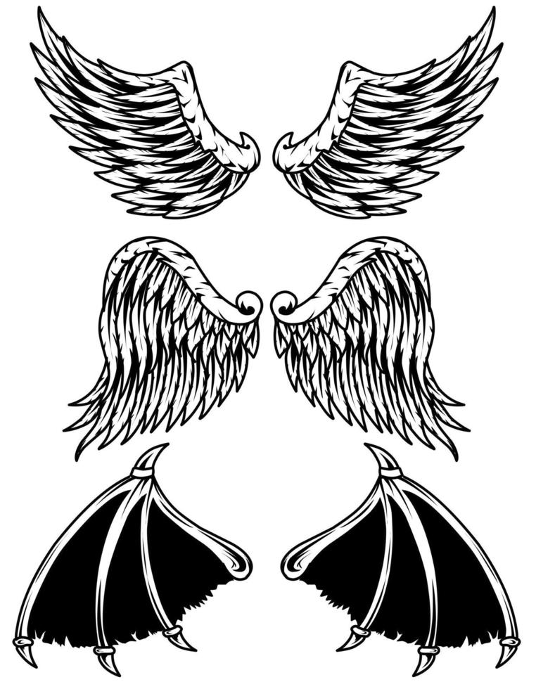Set demon and angel wings monochrome color vector