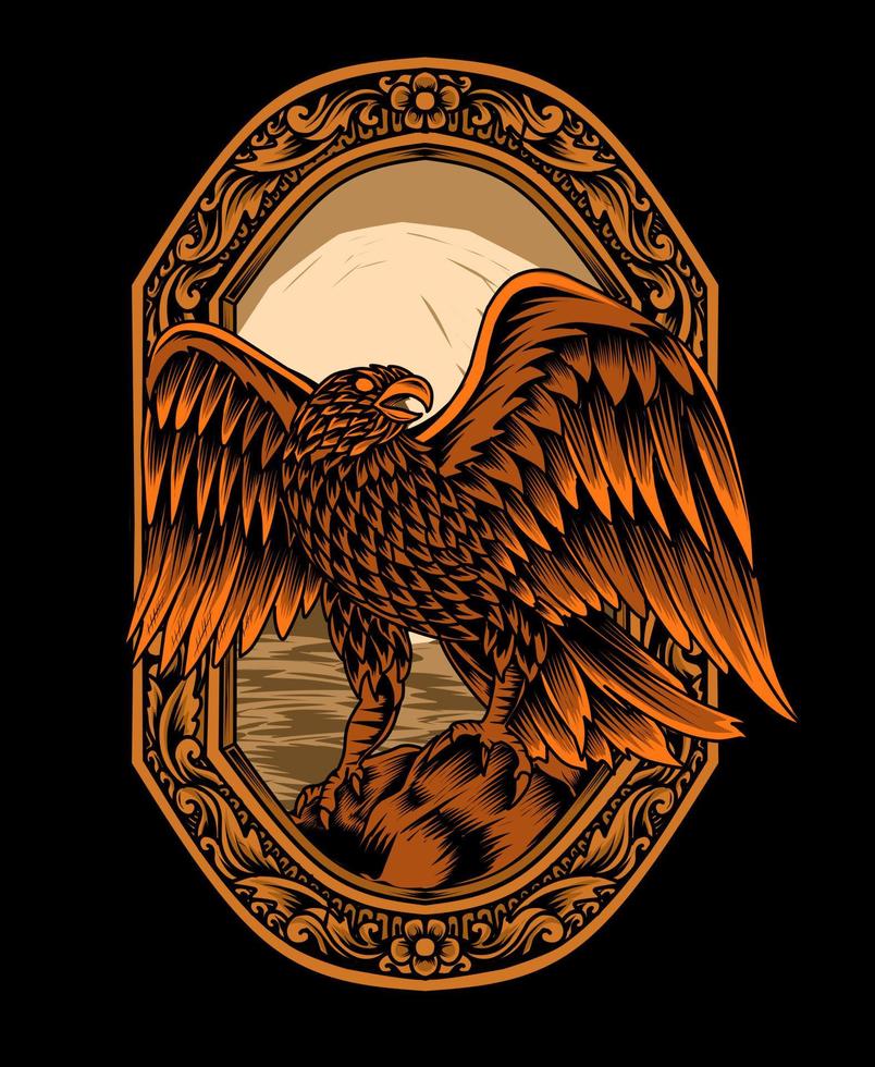Illustration vector Eagle bird with vintage engraving ornament on black background