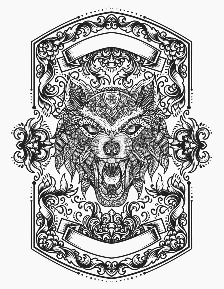 ilustración, vector, cabeza de lobo, con, mandala, ornamento, estilo vector