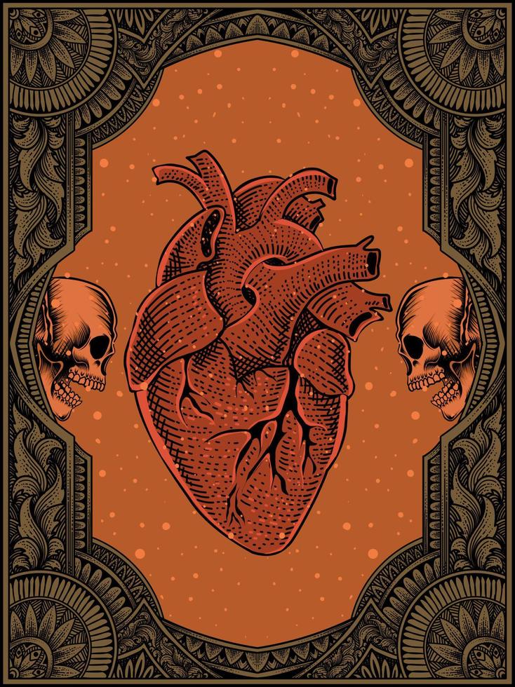 ilustración, vector, antigüedad, corazón humano, con, grabado, ornamento vector