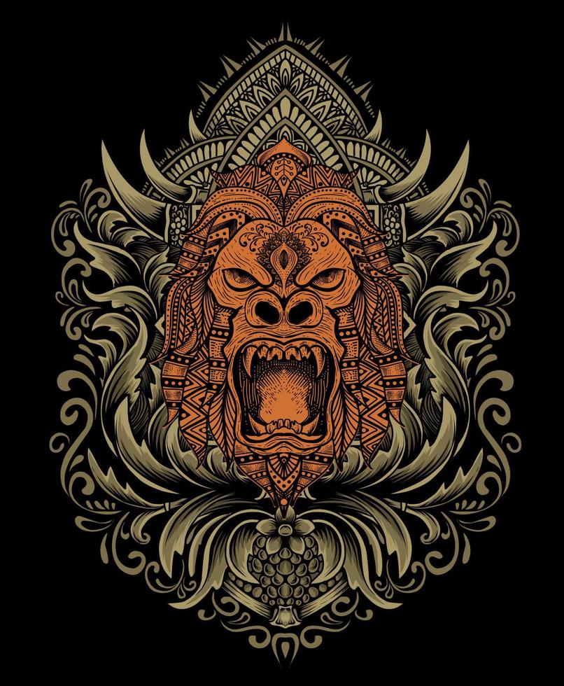 ilustración, vector, gorila, mandala, cabeza, con, grabado, ornamento vector