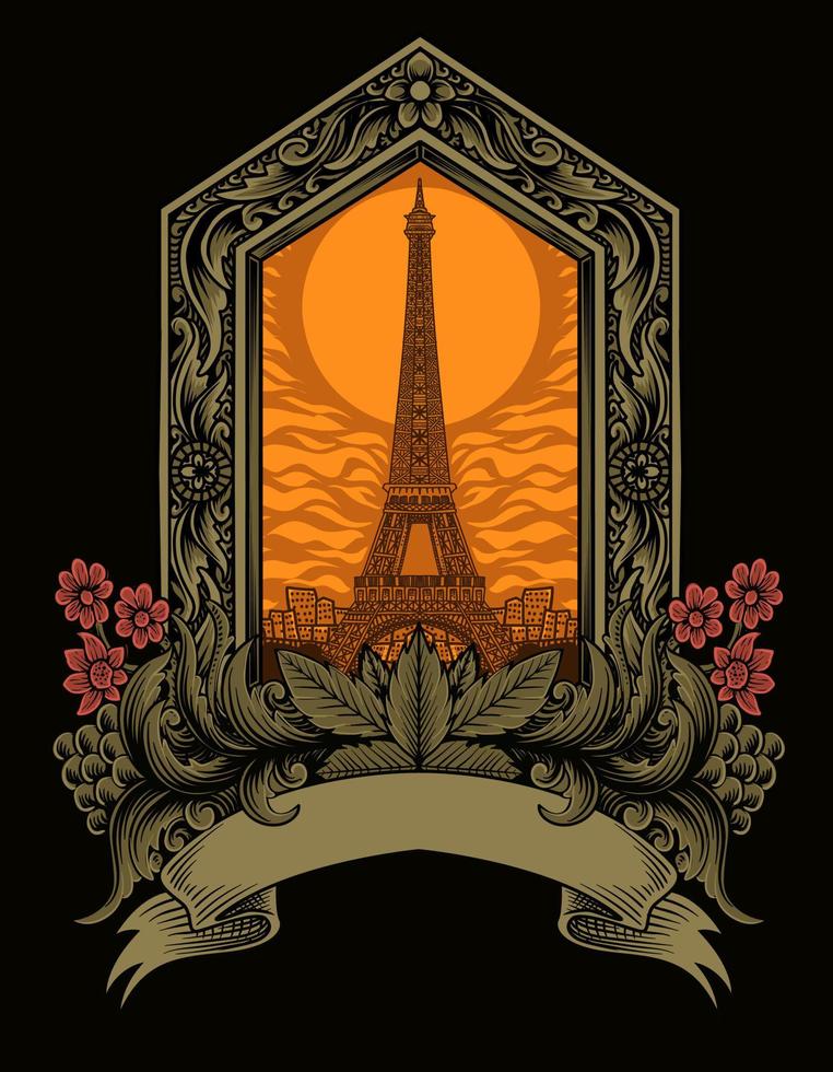 Ilustración vectorial edificio de la torre Eiffel con adornos de grabado vintage sobre fondo negro vector