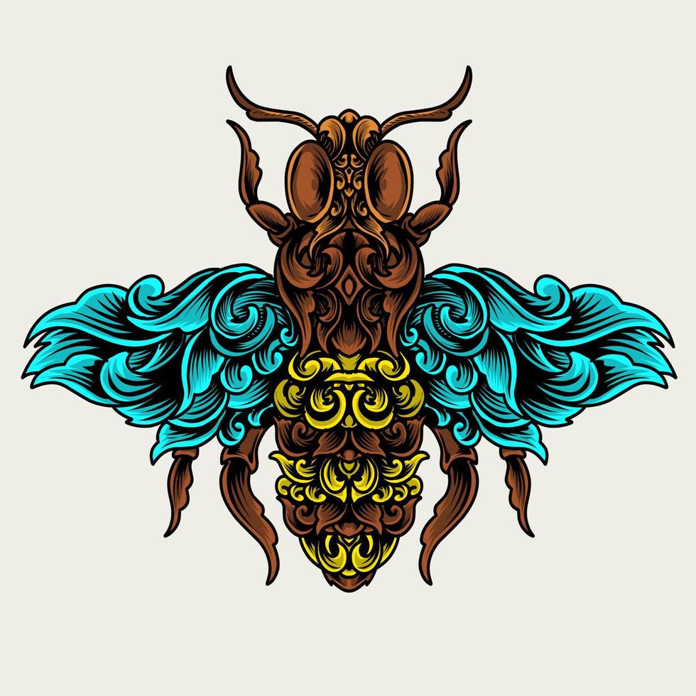ilustración vectorial abeja insecto con estilo de adorno antiguo vector
